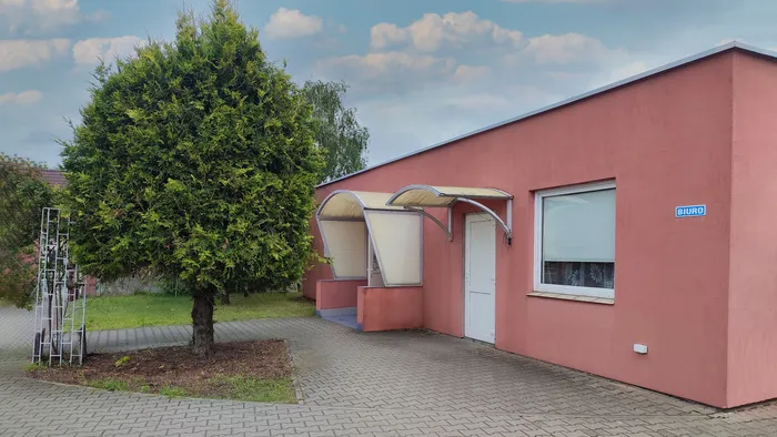 Wejście do biura Chemix. Duże zielone drzewo stojące przed czerwonym budynkiem.